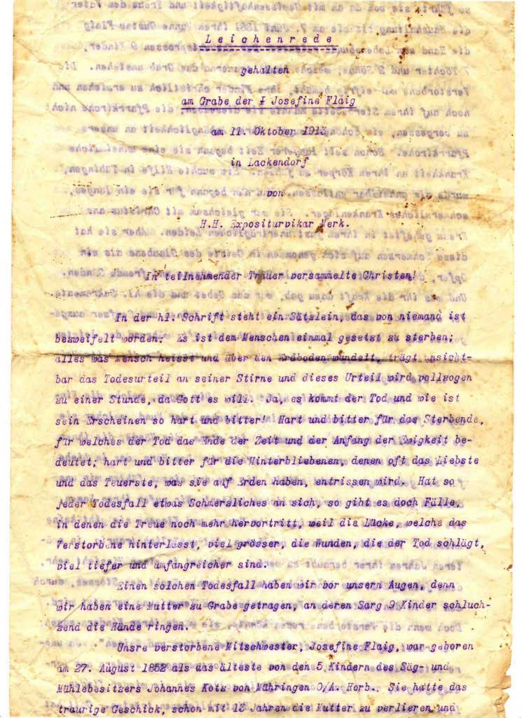 Leichenrede: gehalten am Grabe der Josefine Flaig am 11. Oktober 1913 in Lackendorf von H.H. Expositurvikar Merk.